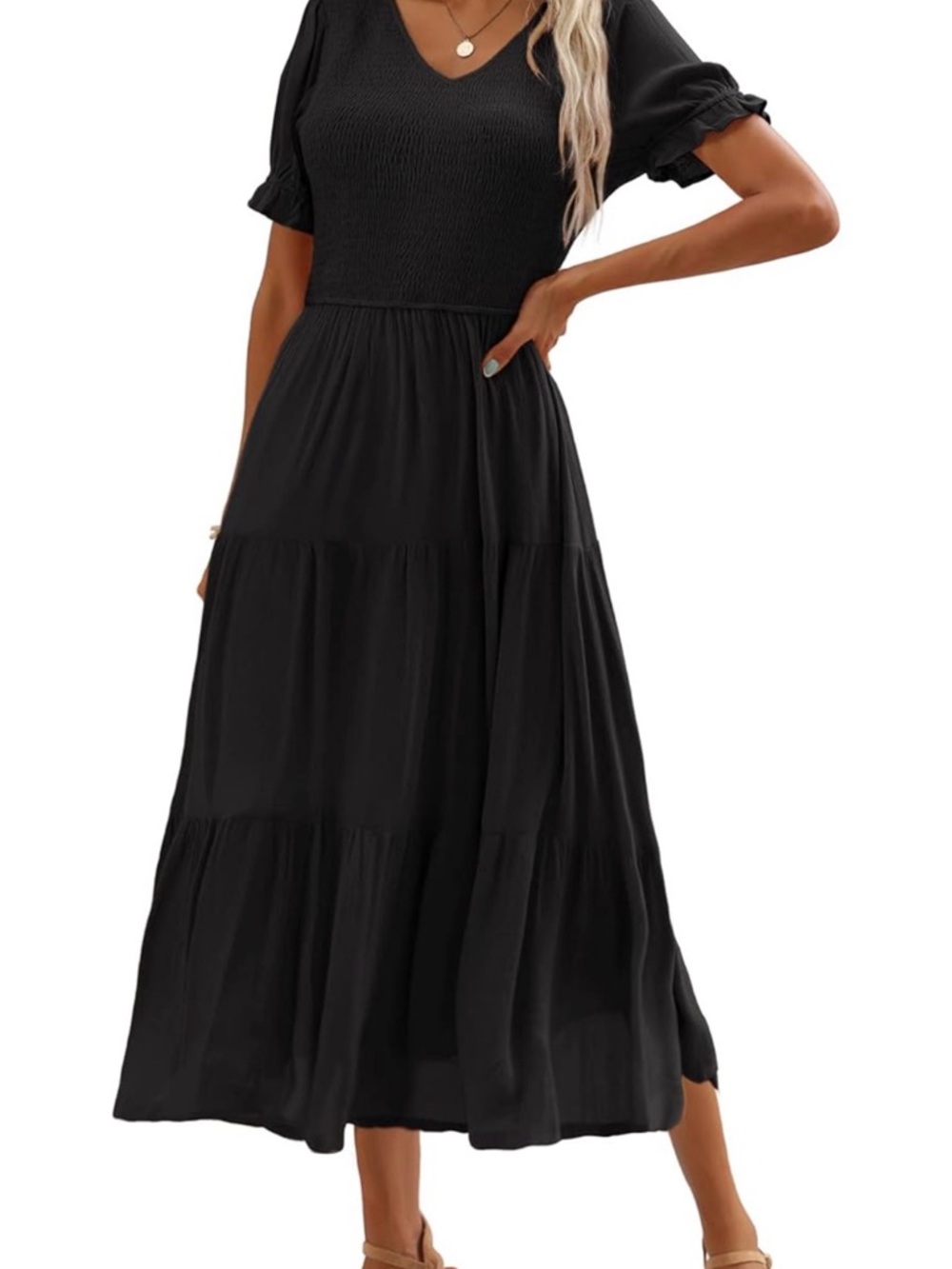 Kranda Black Midi Dress V-Neck Tiered Maxi Puff Sleeve Smocked Flowy XL